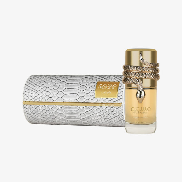 Perfume bottle Musamam White by Lattafa with snake design and matching clutch on a white background