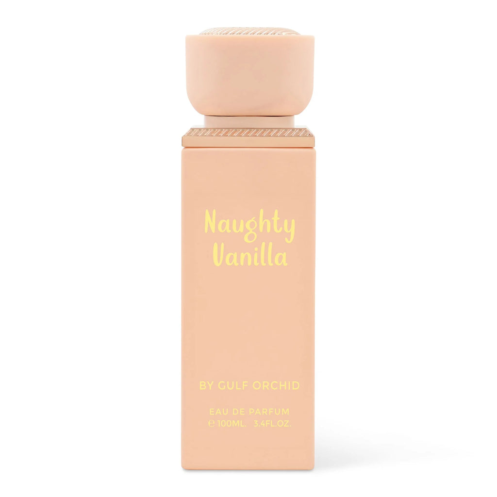 Perfume bottle labeled 'Naughty Vanilla' by Gulf Orchid on a white background