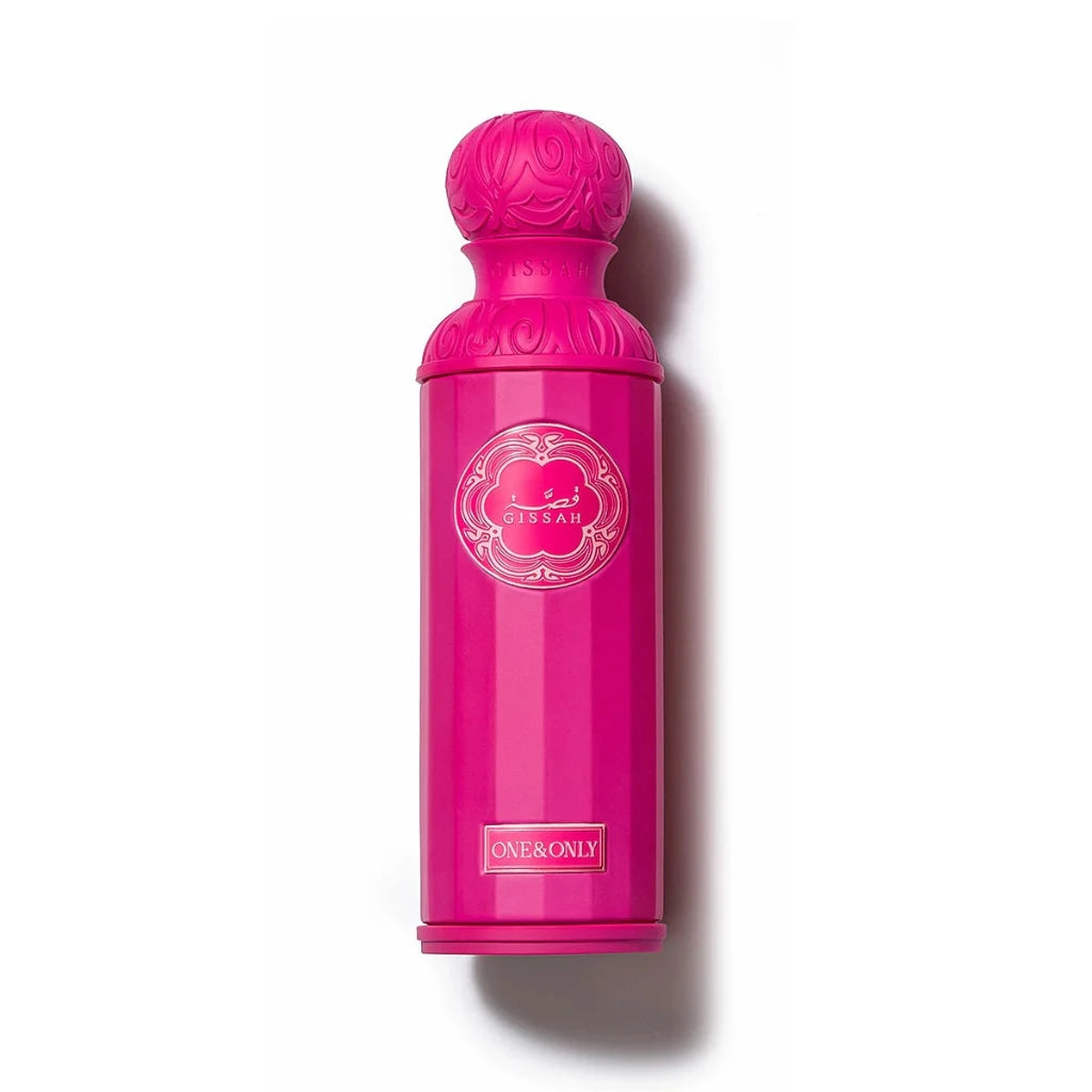 Pink perfume bottle with decorative cap on a white background