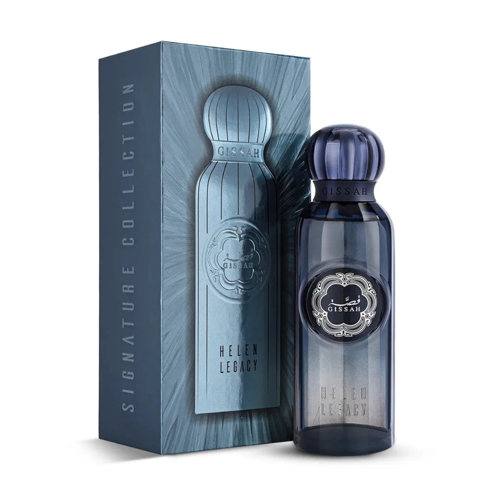 Blue perfume bottle and packaging with 'Helen Legacy' branding on a white background