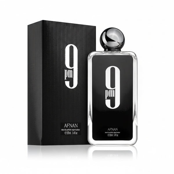 Afnan 9PM perfume bottle and packaging on a white background