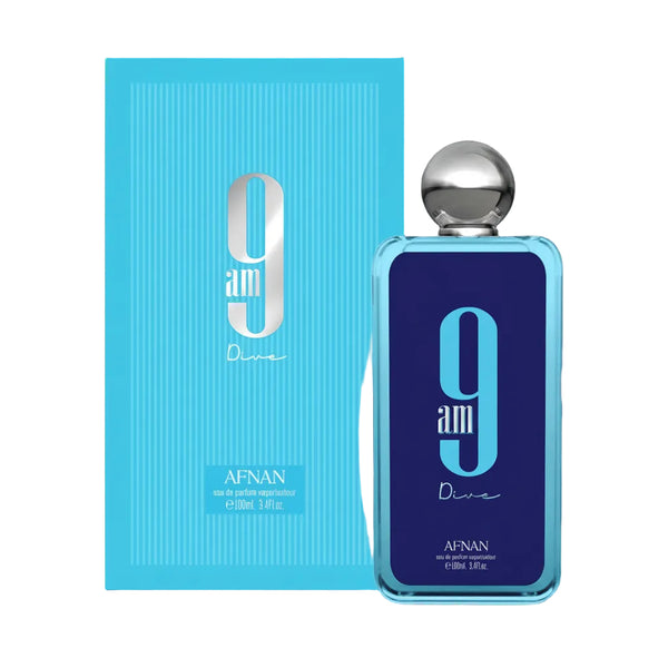 Afnan 9am Dive perfume bottle and packaging on a black background