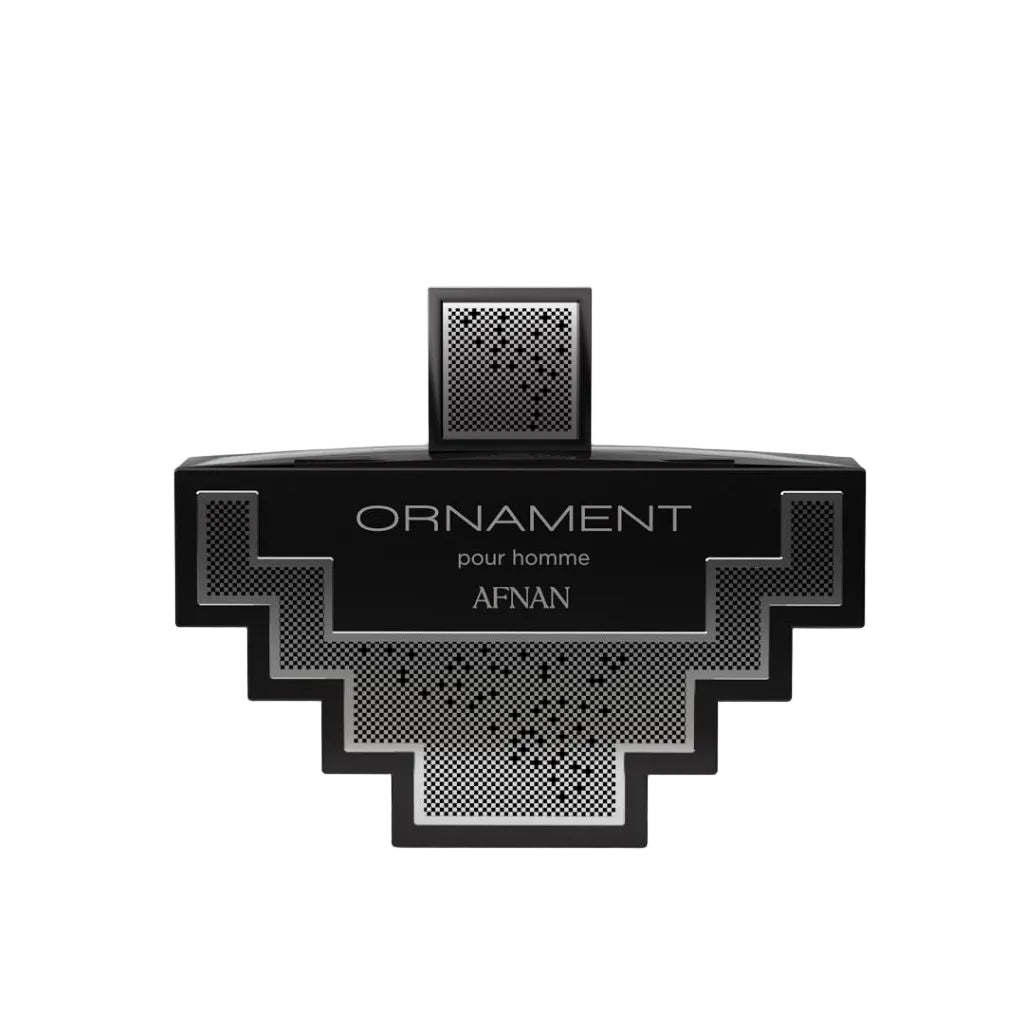 Black Afnan Ornament pour homme perfume bottle on a white background
