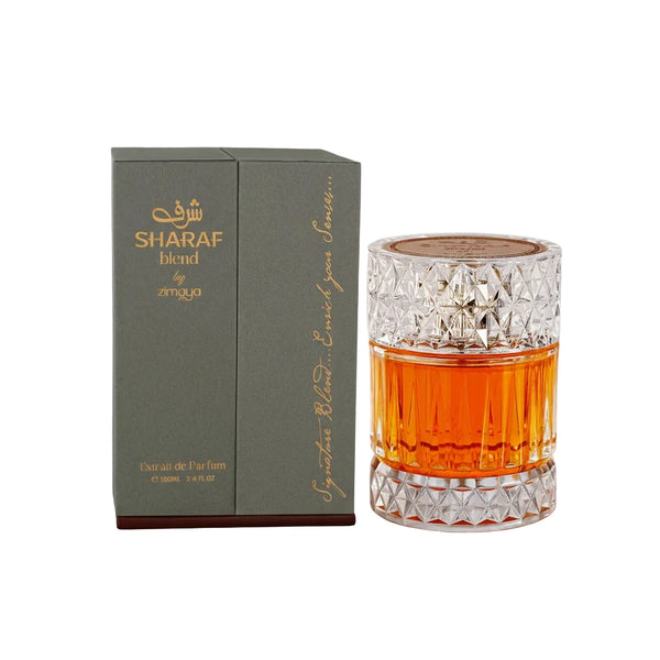 Sharaf Blend perfume by Zimaya on a white background  