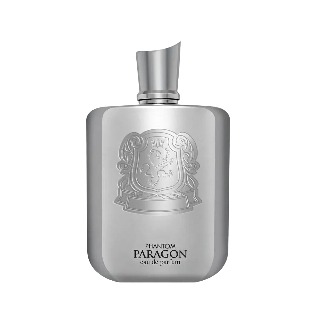 Silver perfume bottle labeled 'Phantom Paragon' on a white background