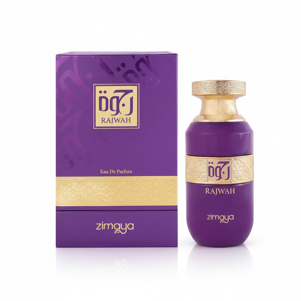 Rajwah perfume by Zimaya and packaging on a white background