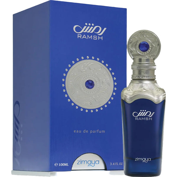 Zimaya Ramsh eau de parfum bottle and packaging on a white background