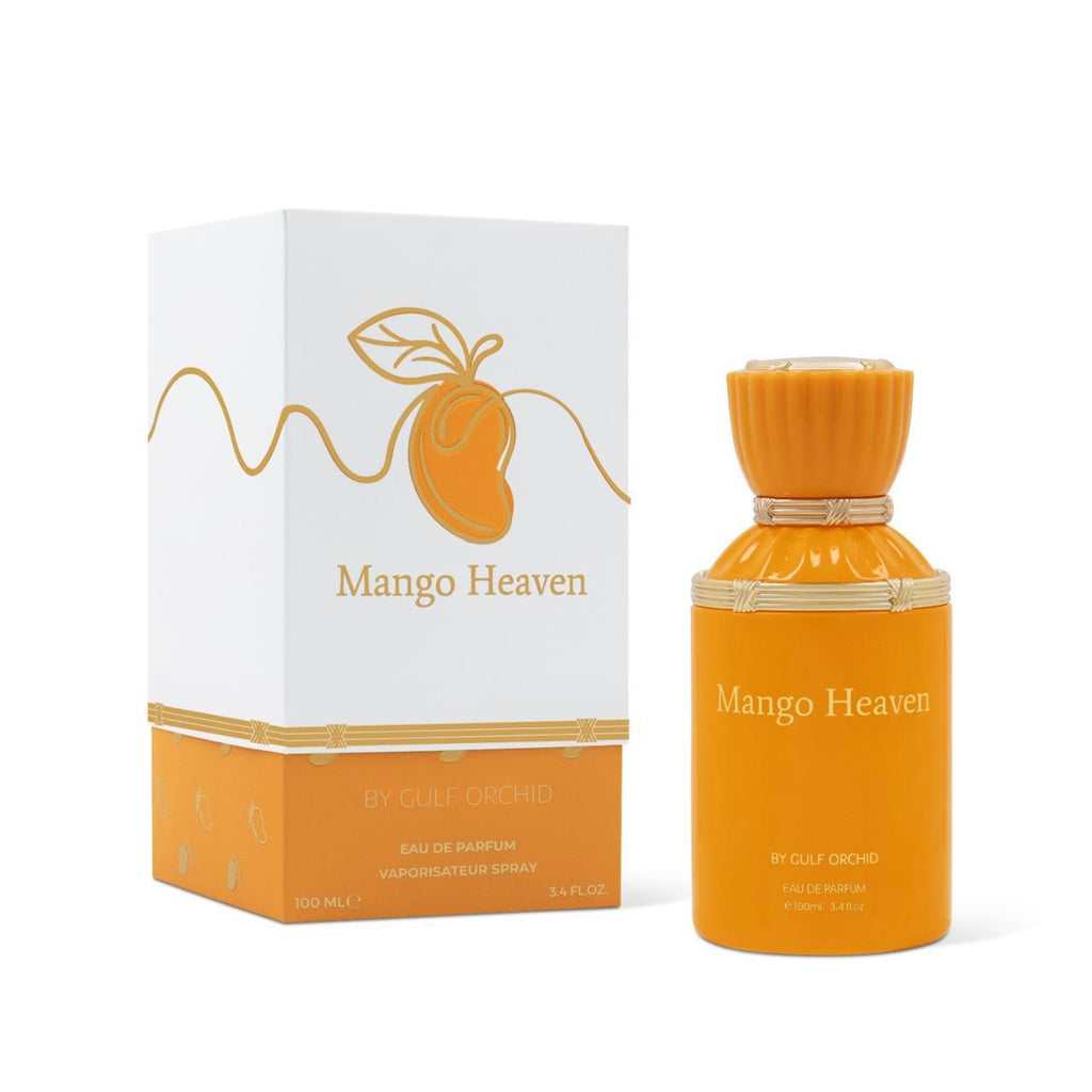 Mango Heaven perfume bottle and packaging on a white background
