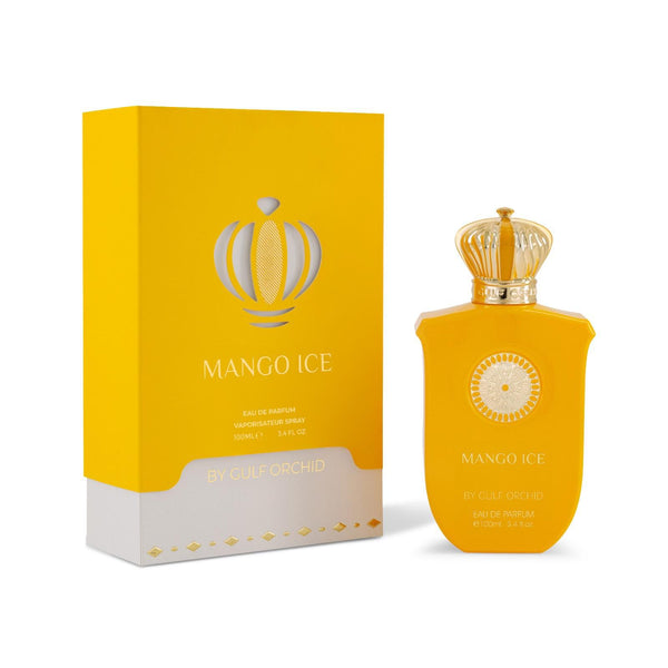 Yellow 'Mango Ice' perfume bottle and packaging on a white background