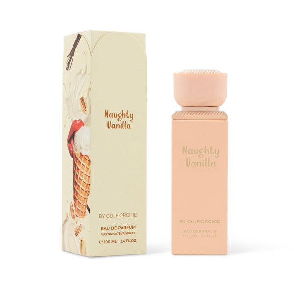 Naughty Vanilla perfume bottle and packaging on a white background