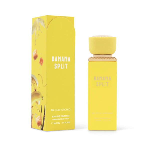 Yellow 'Banana Split' perfume bottle and packaging on a white background