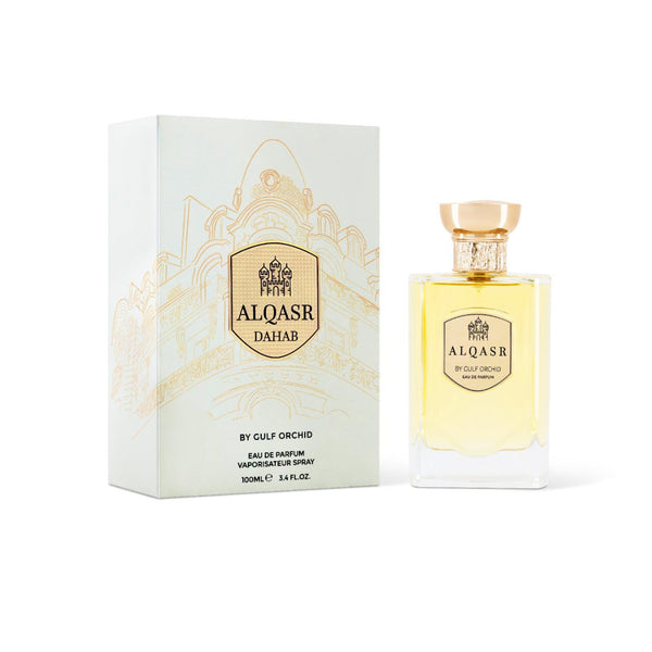 Alqasr Dahab perfume bottle and packaging on a white background