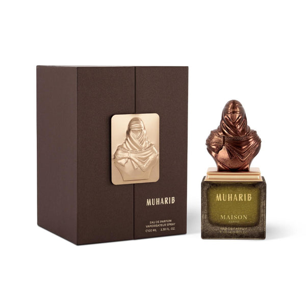 Muharib perfume bottle and packaging on a white background