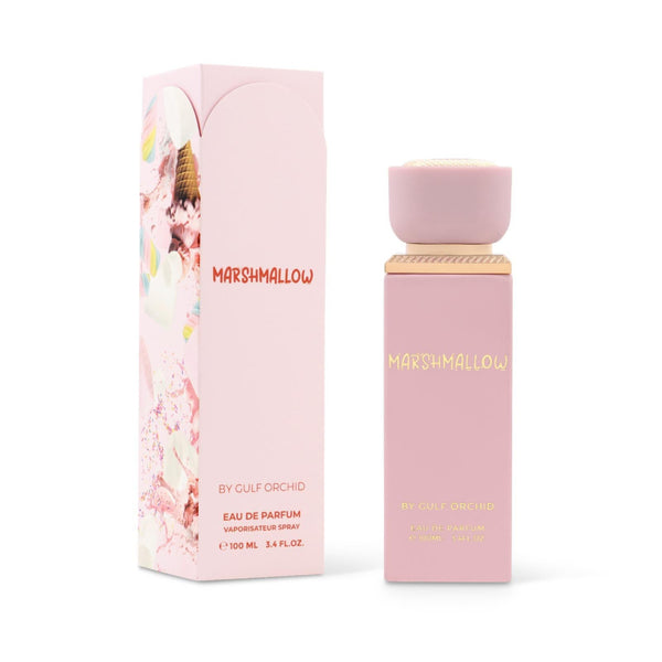 Marshmallow perfume bottle and packaging on a white background
