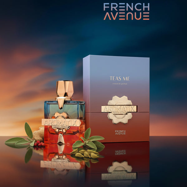 Perfume Aromatix Teas Me and packaging with 'French Avenue' branding against a sunset sky.