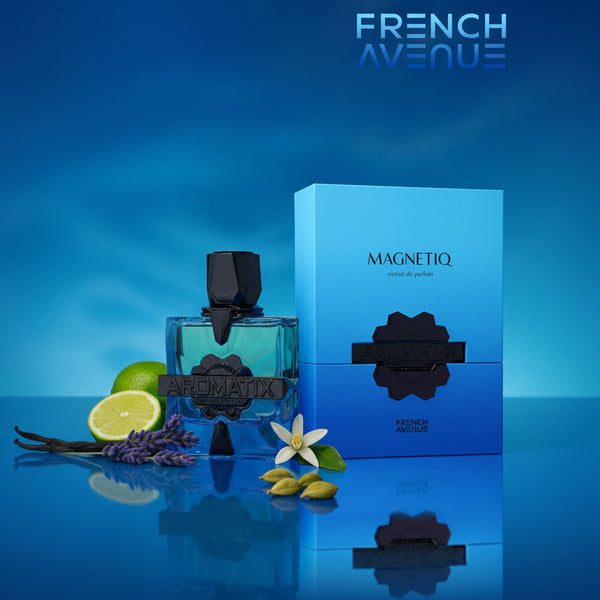 Perfume bottle Aromatix Magnetiq and packaging with 'French Avenue' branding on a blue background