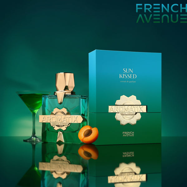 Aromatix perfume bottle and packaging with an apricot and cocktail on a reflective surface, branded 'French Avenue'.