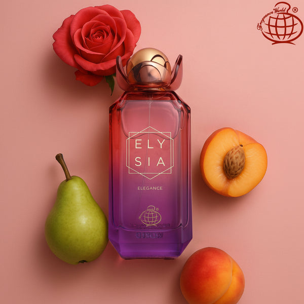 Perfume bottle labeled 'Elysia' with a red rose, green pear, and peach on a pink background.