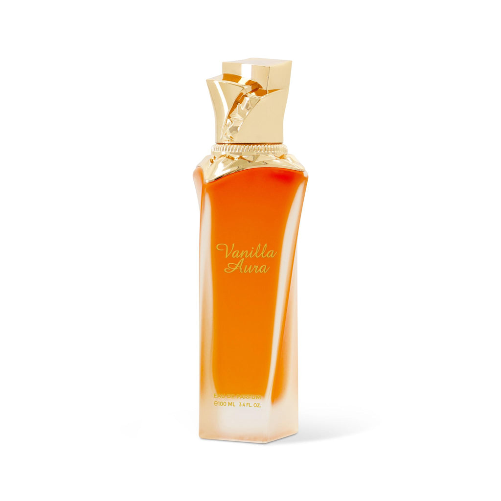 Vanilla Aura perfume bottle with gold cap on a white background