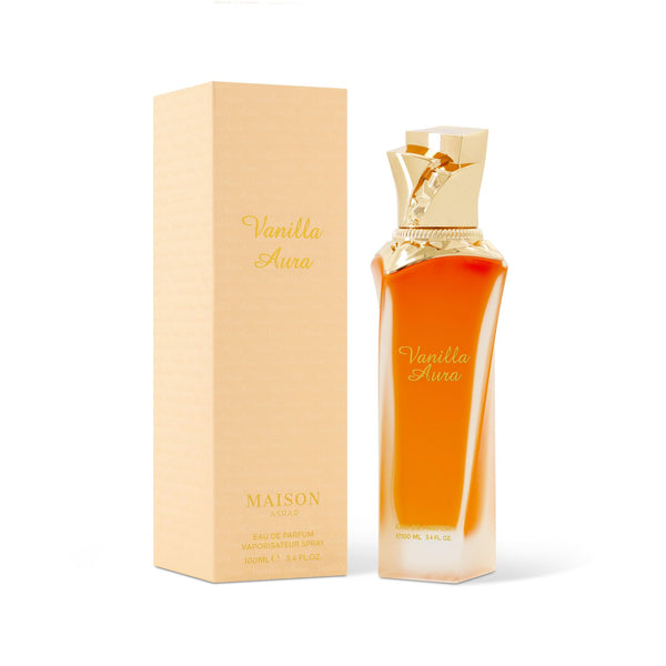 Vanilla Auro perfume bottle and packaging on a white background