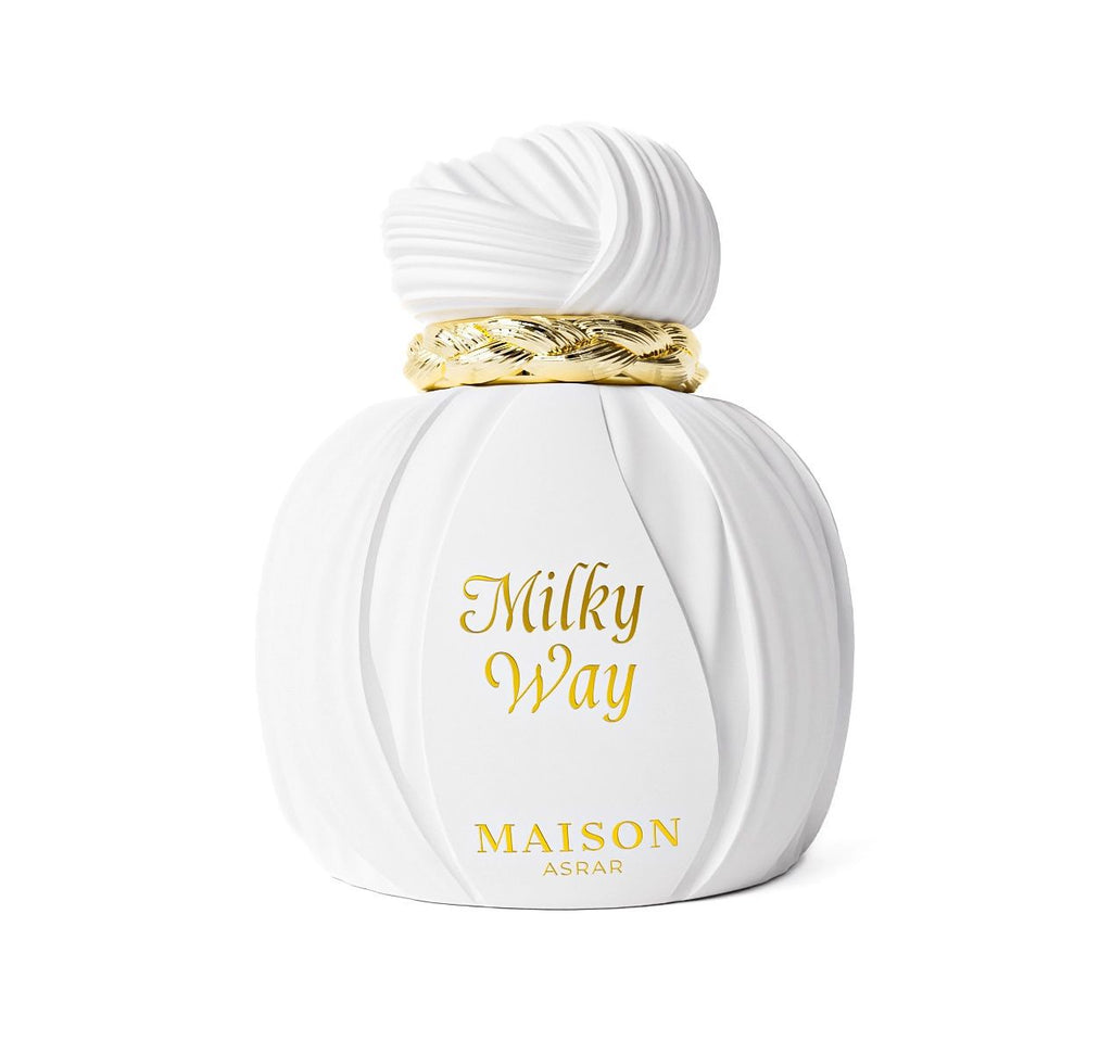 Perfume bottle labeled 'Milky Way' by 'Maison Assra' on a white background