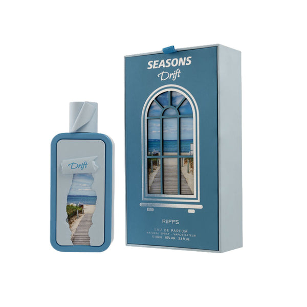 Perfume bottle 'Seasons Drift' branding on a white background