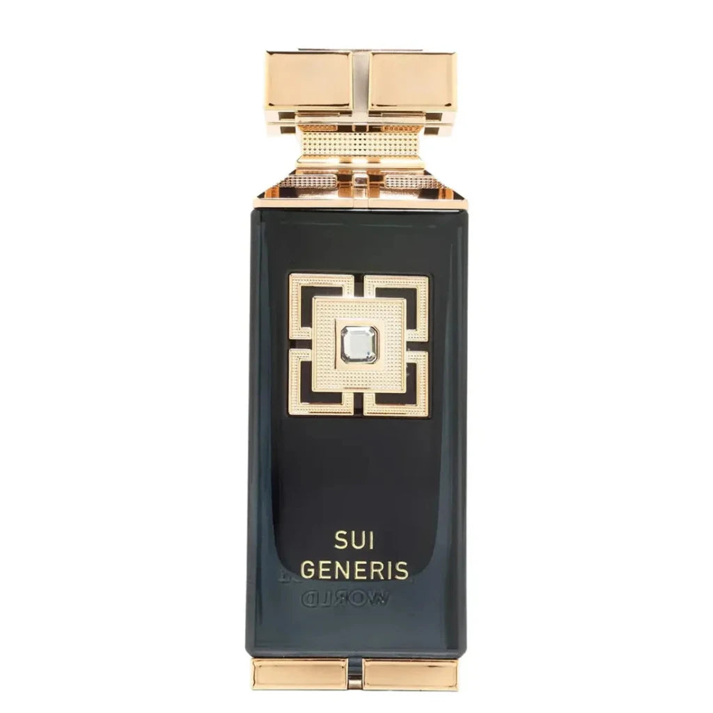 Perfume bottle with gold cap and black body on a white background