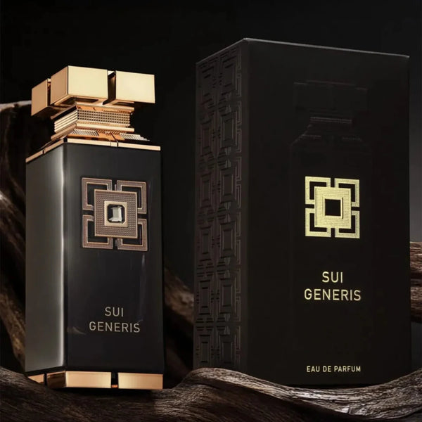Sui Generis perfume bottle and packaging on a dark background