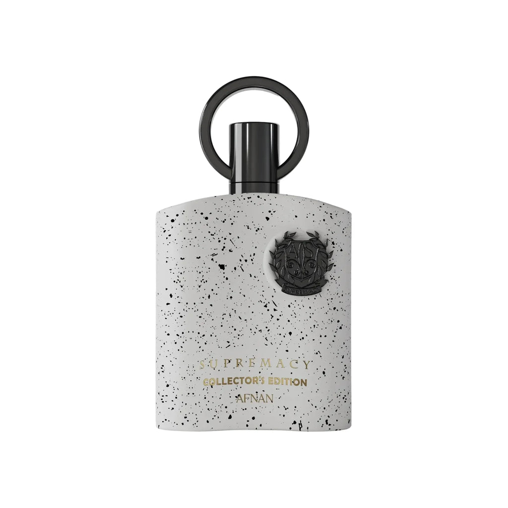 Supremacy Collector's Edition Perfume bottle with speckled design and black cap on a white background