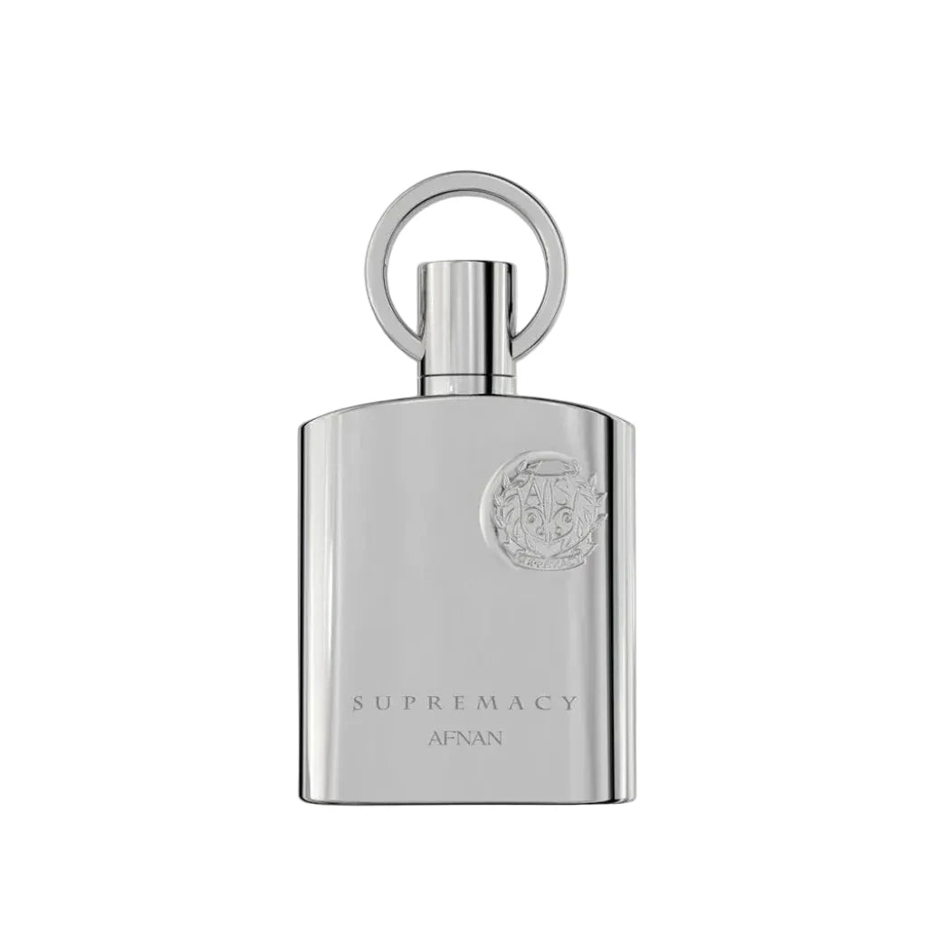 Supremacy Silver perfume bottle labeled 'Supremacy' by Afnan on a white background