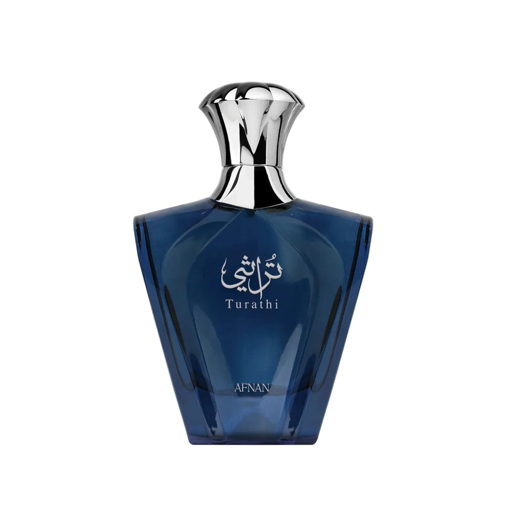 Turathi Blue perfume bottle with silver cap on a white background