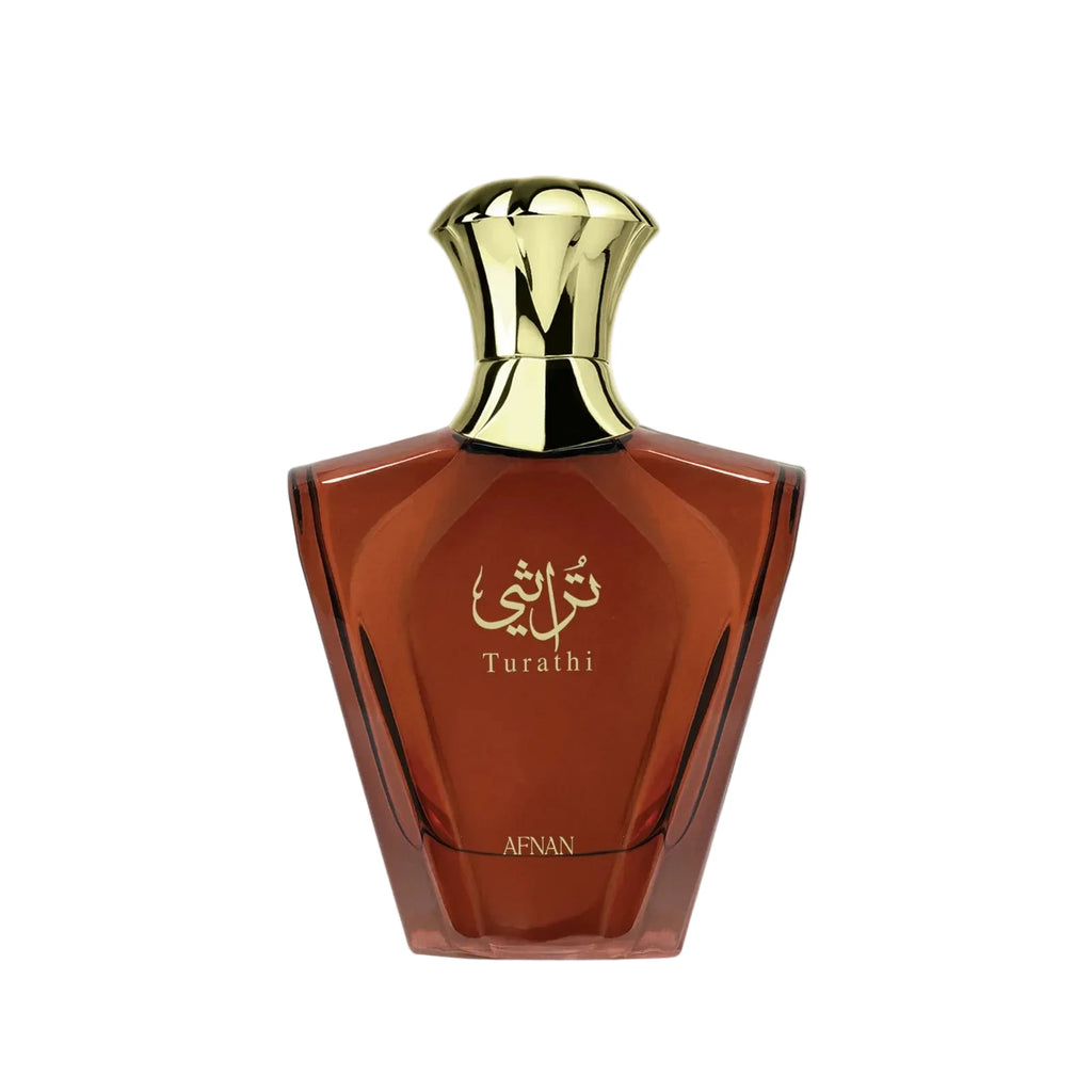 Turathi Brown perfume bottle with gold cap on a white background