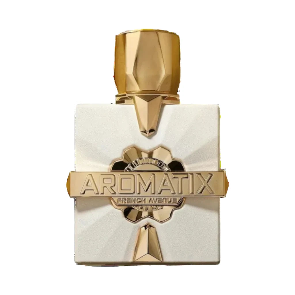 Aromatix French Avenue perfume bottle with gold cap and base on a white background