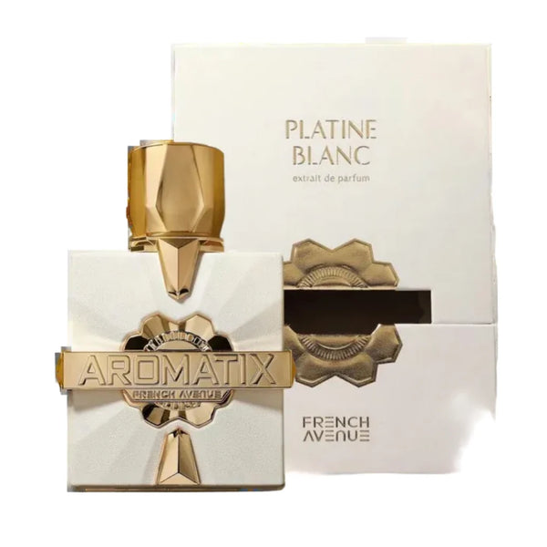 Gold and white Aromatix French Avenue perfume bottle and packaging on a white background