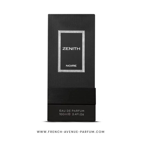 Black perfume box with 'Zenith Noire' branding on a white background