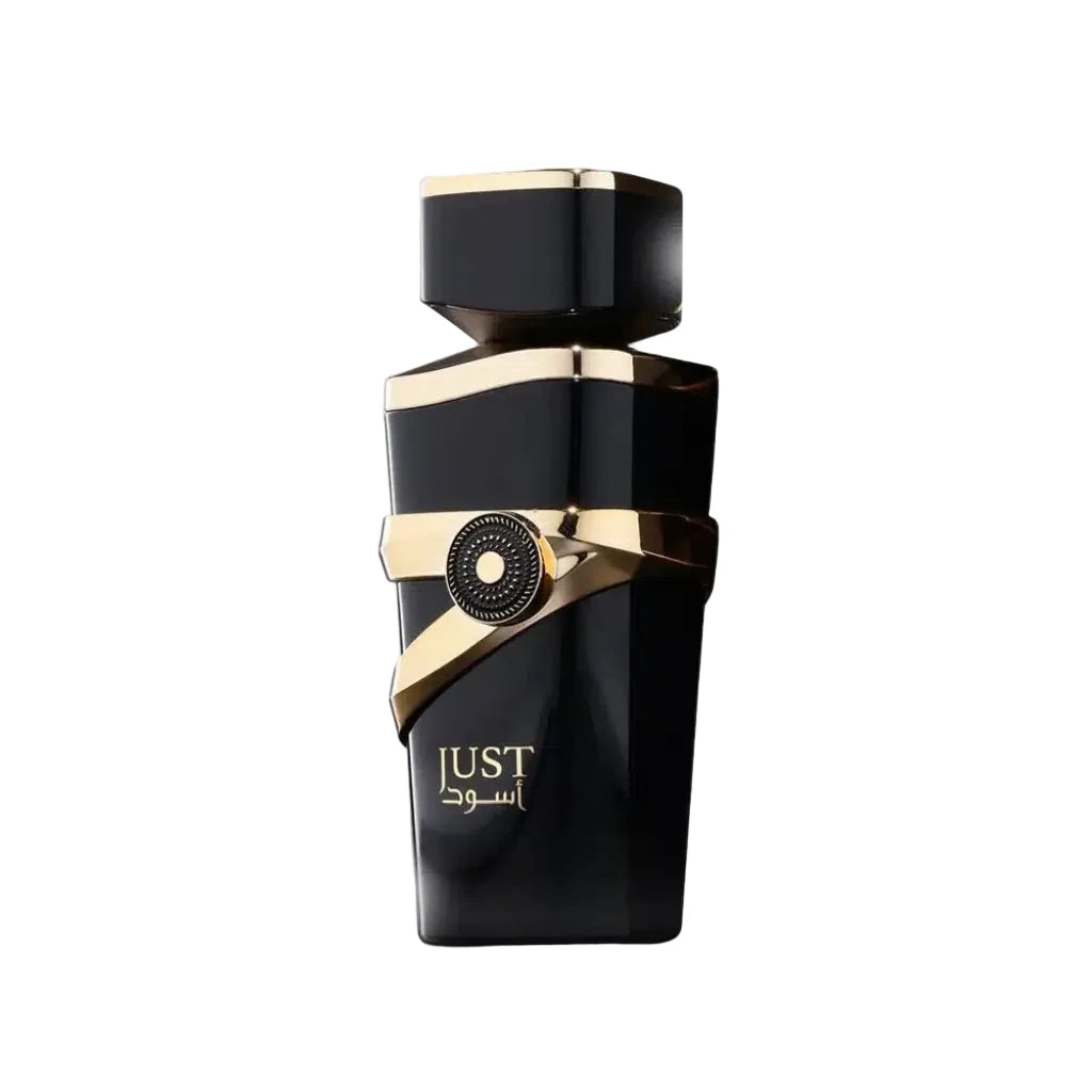 Black and gold perfume bottle with 'JUST' branding on a white background