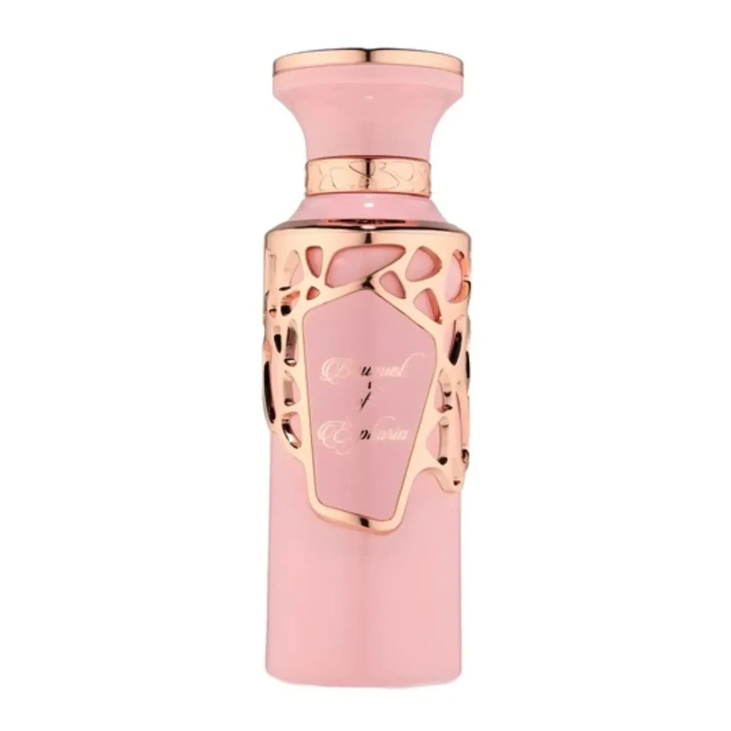Pink perfume bottle with gold accents on a white background