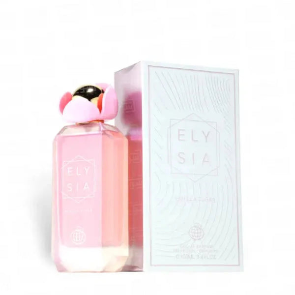 Pink perfume bottle with floral design and matching box on a white background