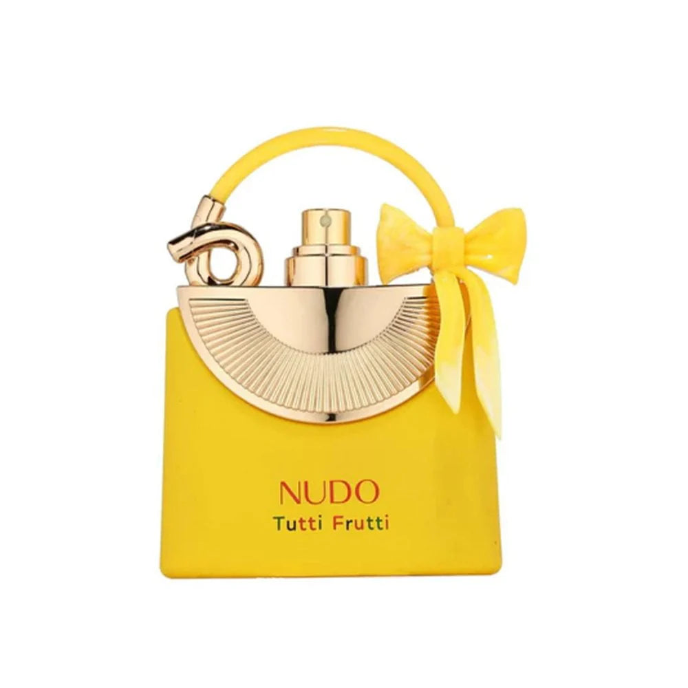 Yellow and gold Nudo Tutti Frutti perfume bottle on a white background