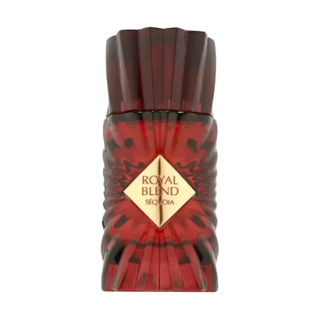 Red and gold perfume bottle labeled 'Royal Blend' on a white background