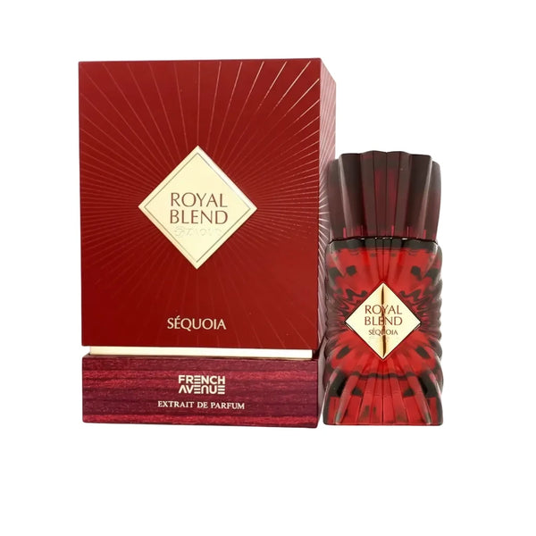 Red and gold perfume bottle and packaging with 'Royal Blend' branding on a white background
