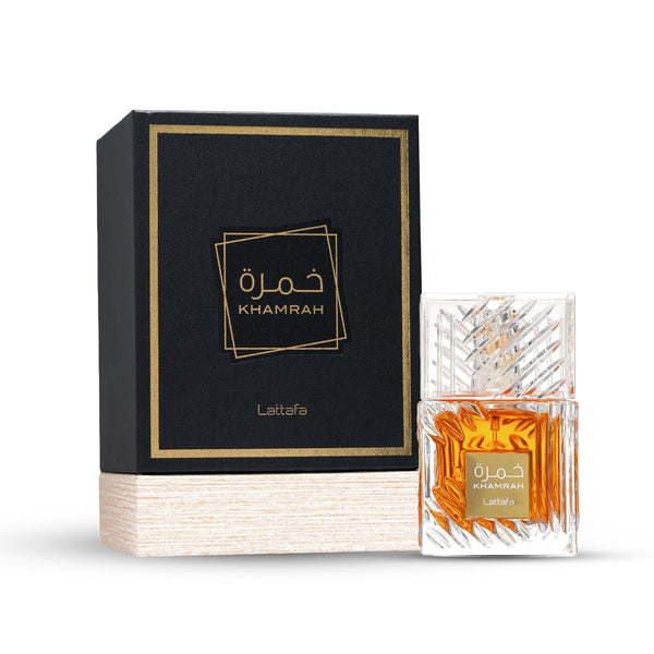 Khamrah perfume bottle and packaging on a white background