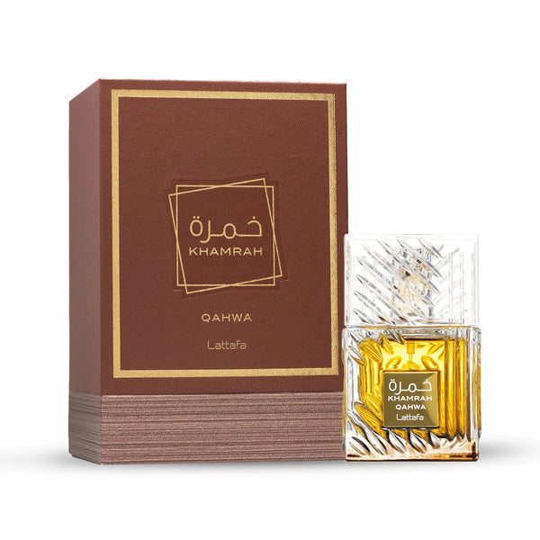 Khamrah Qahwa perfume bottle and packaging on a white background