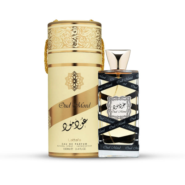Lattafa Oud Mood perfume bottle and packaging on a white background