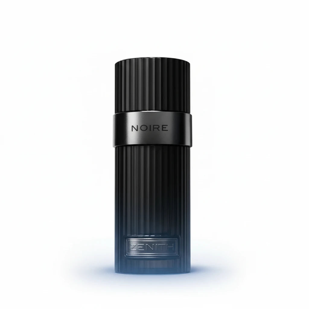 Black perfume bottle labeled 'Noire' by 'Genith' on a white background with branding text.