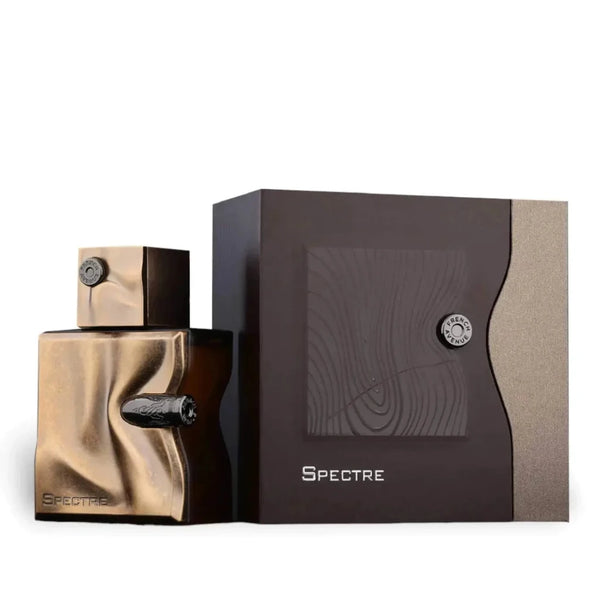 Bronze-colored perfume bottle and packaging with 'Spectre' branding on a white background