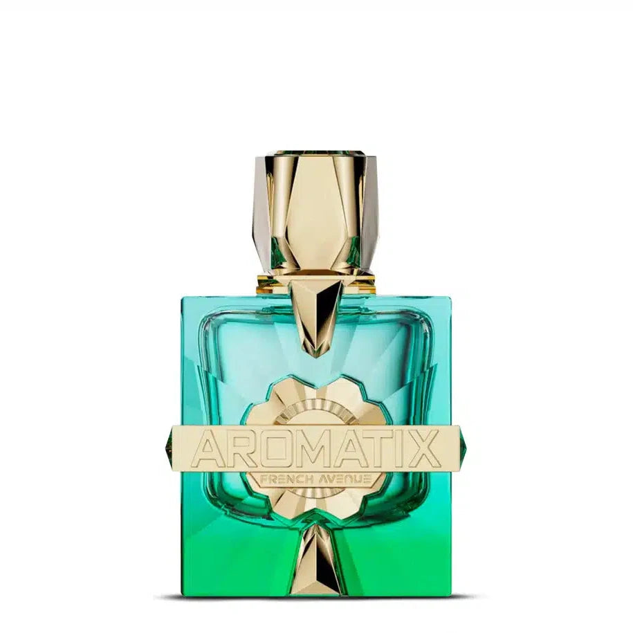 Aromatix sun kissed perfume bottle with gold cap and 'Aromatix' branding on a white background