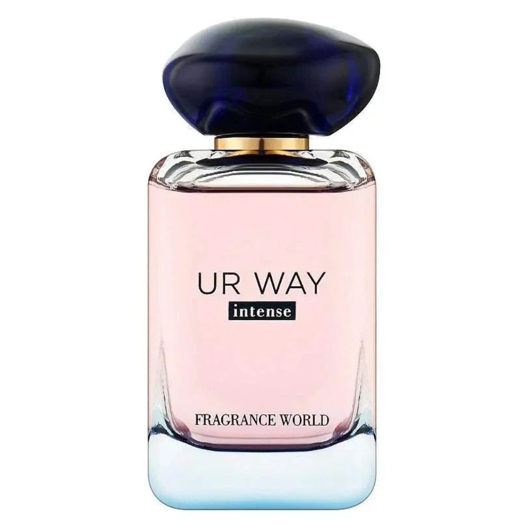 Perfume bottle labeled 'UR WAY Intense' by Fragrance World on a white background