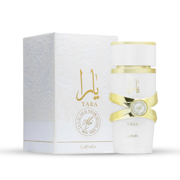 Yara perfume bottle with packaging on a white background